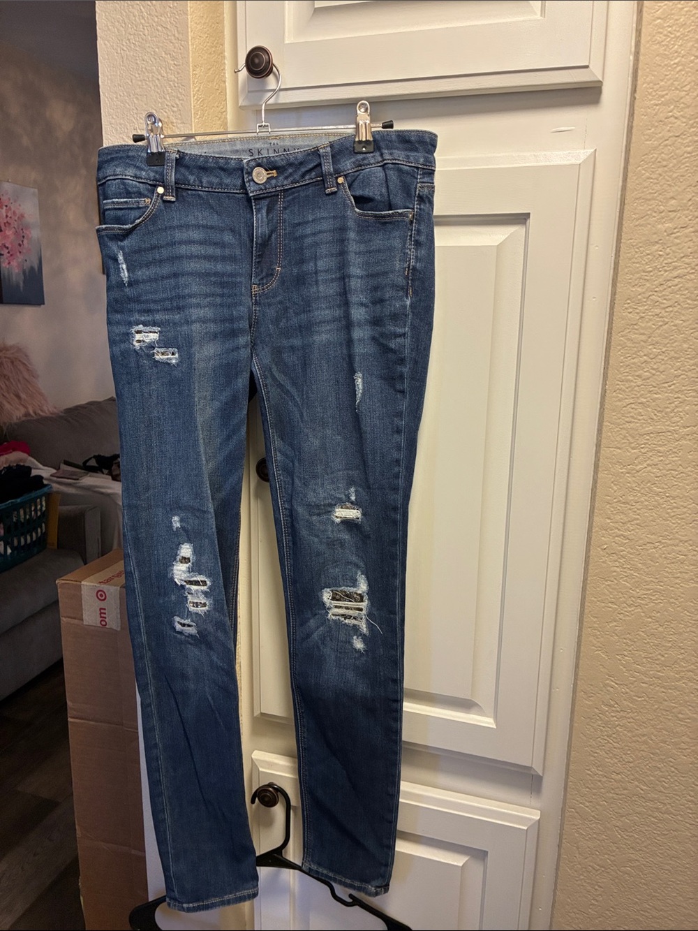 White House Black Market The skinny Distressed and sequined Blue Denim Jeans